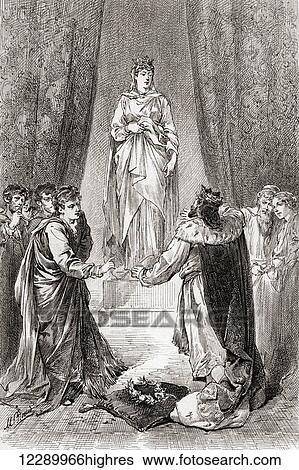 Stock Photograph - A scene from William Shakespeare's play The Winter's Tale. Act V, scene 3. Leontes: Let no man mock me, for I will kiss her. Illustration by Gordon Browne. From The Works of William Shakespeare, published 1896.. Fotosearch