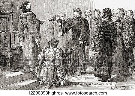 Stock Photograph - A scene from William Shakespeare's play King Richard II, Act IV, scene 1. King Richard: Here, cousin, seize the crown. Illustration by Gordon Browne. From The Works of William Shakespeare, published 1896.. Fotosearch