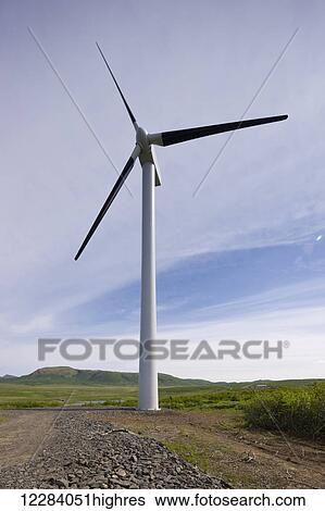 Stock Photograph - A single wind turbine, Sand Point, Southwestern Alaska, USA, Summer. Fotosearch