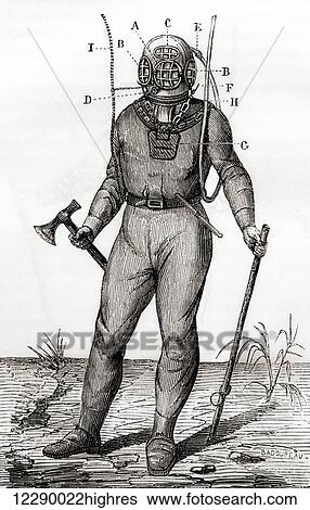 A standard diving suit patented by Joseph-Martin Cabirol in 1855. The helmet included a hand-controlled tap that the diver used to evacuate his exhaled air. From Les Merveilles de la Science, published c. 1870 View Large Photo Image Stock Photograph - A standard diving suit patented by Joseph-Martin Cabirol in 1855. The helmet included a hand-controlled tap that the diver used to evacuate his exhaled air. From Les Merveilles de la Science, published c. 1870. Fotosearch
