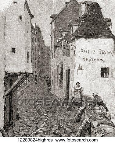 Stock Photograph - A street in old Paris, France in the 19th century. From The Century Illustrated Monthly Magazine, published 1884.. Fotosearch