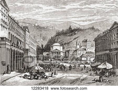 Stock Photo - A street in Turin, Italy in the late 19th century. From Italian Pictures by Rev. Samuel Manning, published c. 1890.. Fotosearch