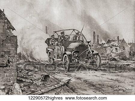 Stock Photograph - A vehicle from the Austro-Hungarian voluntary automobile corps on reconnaissance in enemy territory during WWI. From Illustrierte Geschichte des Weltfrieges1914/15.. Fotosearch