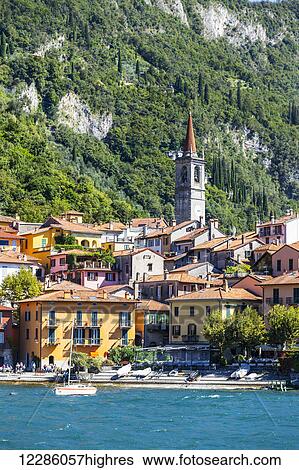 A view from the ferry, the village of Varenna on Lake Como; Varenna, Lombardy, Italy View Large Photo Image Stock Photograph - A view from the ferry, the village of Varenna on Lake Como; Varenna, Lombardy, Italy. Fotosearch