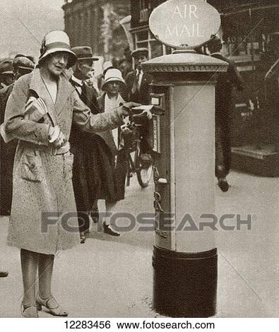 A woman posting a letter in one of the first Air Mail pillar boxes erected in The Strand, London, England in 1930. From The Story of 25 Eventful Years in Pictures published 1935 View Large Photo Image Stock Photograph - A woman posting a letter in one of the first Air Mail pillar boxes erected in The Strand, London, England in 1930. From The Story of 25 Eventful Years in Pictures published 1935. Fotosearch