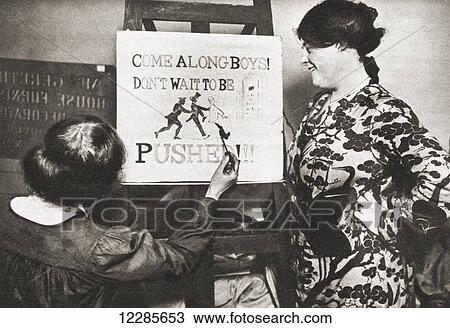 A young girl during World War One painting a recruitment poster which reads Come along boys, don't wait to be pushed From The Pageant of the Century, published 1934 View Large Photo Image Stock Image - A young girl during World War One painting a recruitment poster which reads Come along boys, don't wait to be pushed From The Pageant of the Century, published 1934. Fotosearch