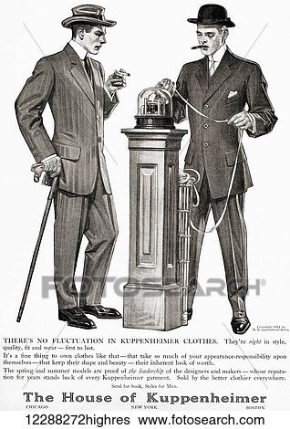 Stock Photograph - Advertisement for The House of Kuppenheimer Clothing depicting two smartly dressed businessmen at a ticker tape machine. From The Saturday Evening Post, 1911.. Fotosearch