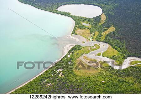 Stock Photograph - Aerial of Naknek lake at Brooks Camp, Katmai, National Park, Southwest Alaska, Summer. Fotosearch