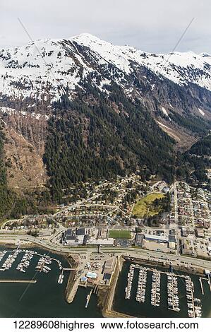 Aerial view of downtown Juneau with snowcapped peaks in the background, Juneau, Southeast Alaska, USA, Spring View Large Photo Image Stock Photograph - Aerial view of downtown Juneau with snowcapped peaks in the background, Juneau, Southeast Alaska, USA, Spring. Fotosearch