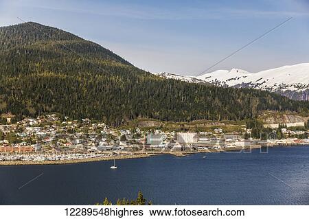 Stock Photograph - Aerial view of Ketchikan and the Inside Passage, Southeast Alaska, Spring. Fotosearch