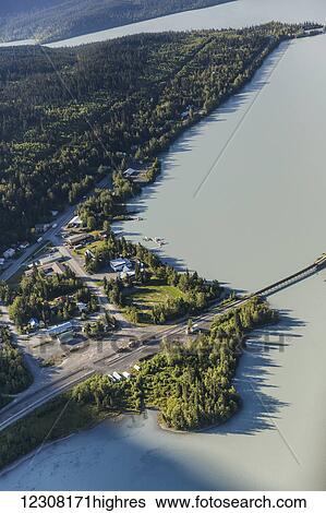Stock Photograph - Aerial view of the Trail Lake Alaska Railroad Tressel and Float Plane Base, Moose Pass, Kenai Peninsula, Southcentral Alaska, USA. Fotosearch