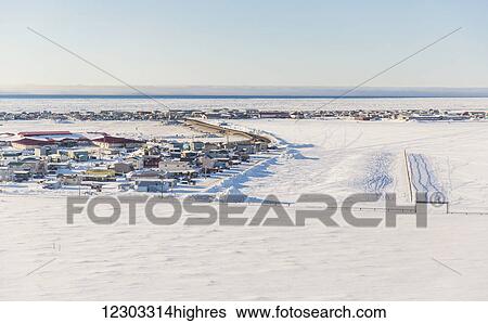 Stock Photograph - Aerial view of the village of Barrow, North Slope, Arctic Alaska, USA, Winter. Fotosearch