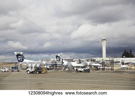 Stock Photograph - Alaska Airlines Turbo Propeller Jets parked on the Runway at Ted Stevens Anchorage International Airport, Anchorage, Southcentral Alaska, USA, Summer. Fotosearch