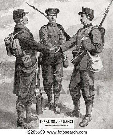Stock Photo - Allied soldiers of France, Britain and Belgium join hands. From The War Illustrated Album Deluxe, published 1915.. Fotosearch