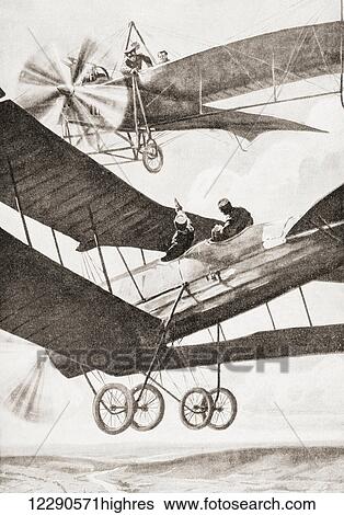 Stock Photograph - An aerial battle during WWI. From Illustrierte Geschichte des Weltfrieges1914/15.. Fotosearch