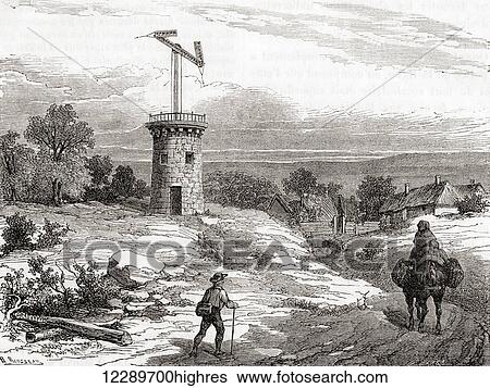 Stock Photograph - An aerial telegraph post in the 18th century. From Les Merveilles de la Science, published c. 1870. Fotosearch