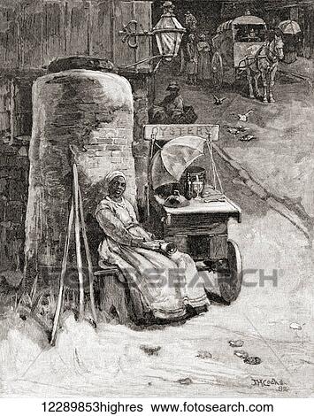 Stock Photograph - An oyster seller with her cart near the Washington Navy Yard, Washington D. C., United States of America in the 19th century. From The Century Illustrated Monthly Magazine, published 1884.. Fotosearch