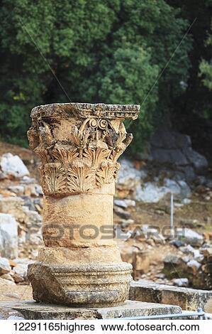 Stock Photograph - Ancient ruins of a decorative column; Caesarea Philippi, Israel. Fotosearch