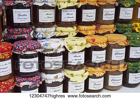 Stock Photograph - Artisanal jams on a market; Provence, France. Fotosearch