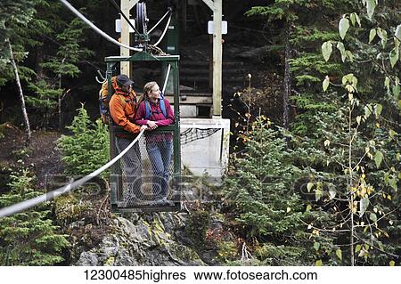 Stock Photograph - Backpacking couple use a hand tram to cross Winner Creek in the Chugach National Forest of Southcentral Alaska. Fotosearch