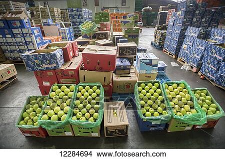 Picture - Boxes of green apples and other produce at Tshwane Fresh Produce Market; Pretoria, Gauteng, South Africa. Fotosearch