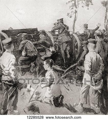 Stock Photo - Boys amid bullets where their fathers fought. French village lads succeed in getting to the firing line, some of them having gone simply because their fathers were there during WWI. From The War Illustrated Album Deluxe, published 1915.. Fotosearch