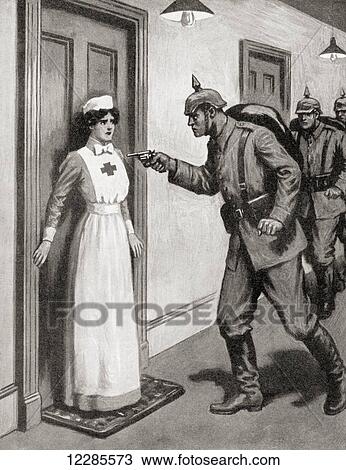 Stock Image - Brave Nurse Agassiz protecting her wounded British patients from the Germans during WWI. From The War Illustrated Album Deluxe, published 1915.. Fotosearch