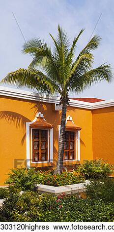 Stock Photograph - Bright orange house with a palm tree; Playa del Carman, Quintana Roo, Mexico. Fotosearch