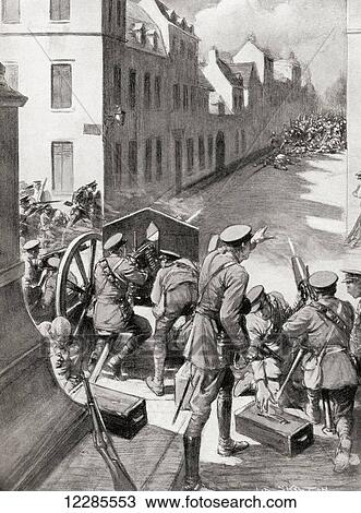 Stock Image - British machine guns mow down a German column during a skirmish at Landrecries, France, 25 August 1914. From The War Illustrated Album Deluxe, published 1915.. Fotosearch