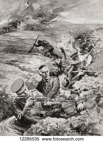 Stock Photography - British soldiers waist deep in flooded trenches whilst fighting the First Battle of the Aisne, France during WWI. From The War Illustrated Album Deluxe, published 1915.. Fotosearch