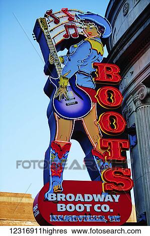 Stock Photograph - Broadway Boot Co. sign; Nashville, Tennessee, United States of America. Fotosearch