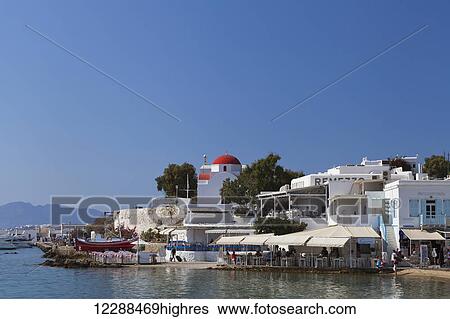 Stock Photograph - Buildings along the bay; Chora, Mykonos, Greece. Fotosearch