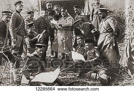Bulgarian officers of the newly formed army of Tsar Ferdinand of Bulgaria, who had signed a treaty with Austria-Hungary and Germany, seen here studying maps during World War One. From The Pageant of the Century, published 1934 View Large Photo Image Picture - Bulgarian officers of the newly formed army of Tsar Ferdinand of Bulgaria, who had signed a treaty with Austria-Hungary and Germany, seen here studying maps during World War One. From The Pageant of the Century, published 1934. Fotosearch