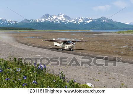 Stock Photograph - Bush plane on the beach at Hallo Bay, Katmai National Park, Southwest Alaska, USA. Fotosearch