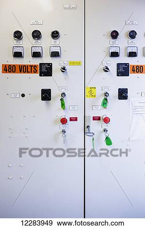 Stock Photo - Buttons and switches on a diesel generator control panel, electrical Power Plant, St. Paul Island, Southwestern Alaska, USA, Summer. Fotosearch