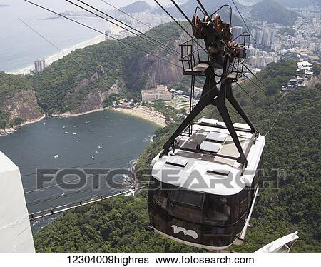Stock Photograph - Cable car station at Sugarloaf Mountain looking to Morro da Urca, Tiburcio Beach and Copacabana Beach; Rio de Janeiro, Brazil. Fotosearch