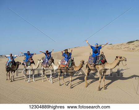Stock Photograph - Camel trek on the beach; Essaouira, Morocco. Fotosearch