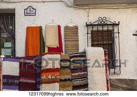 Stock Photograph - Carpet shop in Alpujarra; Pampaneira, Granada Province, Andalucia, Spain. Fotosearch