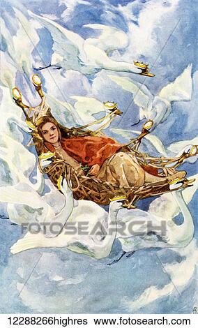 Stock Photograph - Carrying Elise Over the Sea. Colour illustration by Helen Stratton from the story The Wild Swans from the book Hans Andersen's Fairy Tales published c. 1930.. Fotosearch