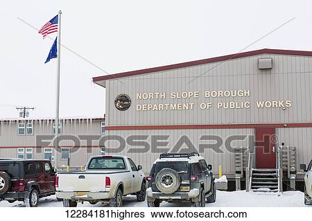 Cars parked outside the North Slope Borough Department of Public Works Building, Barrow, North Slope, Arctic Alaska, USA, Winter View Large Photo Image Stock Photograph - Cars parked outside the North Slope Borough Department of Public Works Building, Barrow, North Slope, Arctic Alaska, USA, Winter. Fotosearch