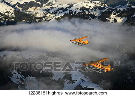 Stock Photograph - Cessna 185 flying in front of a DeHavilland Beaver and flying over rugged mountains of the Misty Fjords National Monument Wilderness, Spring. Fotosearch