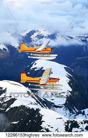 Stock Photograph - Cessna 185 flying in front of a DeHavilland Beaver and flying over rugged mountains of the Misty Fjords National Monument Wilderness, Spring. Fotosearch