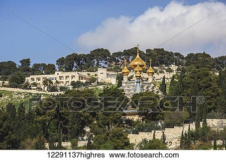 Church with gold onion domes and crosses; Jerusalem, Israel View Large Photo Image Stock Photograph - Church with gold onion domes and crosses; Jerusalem, Israel. Fotosearch