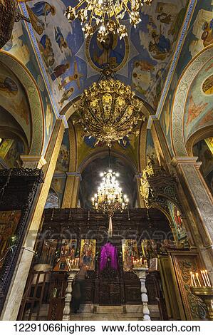 Stock Photograph - Colourful and ornate interior of St. Gabriel Church; Nazareth, Israel. Fotosearch