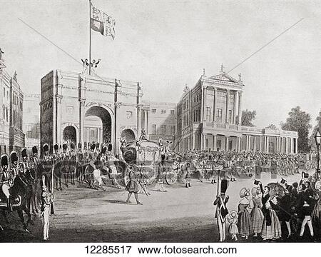 Stock Photo - Coronation procession of Queen Victoria in 1838, leaving Buckingham Palace through the Marble Arch. From Buckingham Palace, Its Furniture, Decoration and History, published 1931.. Fotosearch