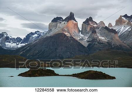 Cuernos del Paine above Lago Pehoe, Torres del Paine National Park; Magallanes region, Chile View Large Photo Image Stock Photo - Cuernos del Paine above Lago Pehoe, Torres del Paine National Park; Magallanes region, Chile. Fotosearch