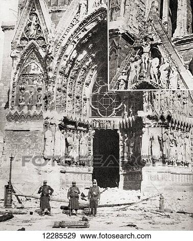 Damage done to Reims cathedral, France by German shells during WWI. From The War Illustrated Album Deluxe, published 1915. View Large Photo Image Stock Photo - Damage done to Reims cathedral, France by German shells during WWI. From The War Illustrated Album Deluxe, published 1915.. Fotosearch