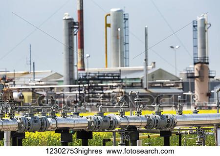 Stock Photograph - Detail of metal pipes and valves with gas plant towers and a flowering canola field in the background; Acme, Alberta, Canada. Fotosearch