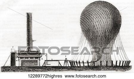 Stock Photograph - Device used to fill L'Entreprenant, the first hot air balloon used by the military, with hydrogen gas in the 18th century. From Les Merveilles de la Science, published c. 1870. Fotosearch