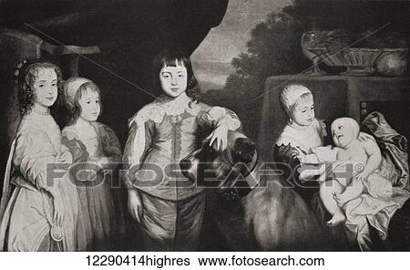 Stock Photograph - DIFFICULT TO KNOW EXACTLY WHO IS WHO HERE FOUND ONE REF THAT SAYS MARY, JAMES, CHARLES, ELIZABETH ANNE BUT I DONT THINK THATS CORRECT. Five of the children of King Charles I. After Sir Anthony van DyckFrom The Girl Through the Ages, published 1933.. Fotosearch